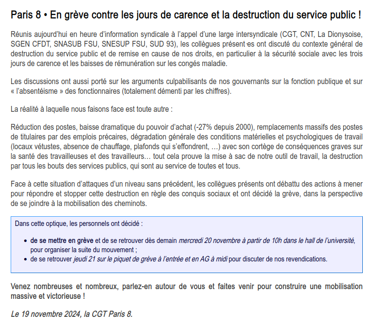 🔴 C'est la grève à Paris 8 !

À l'appel d'une large intersyndicale, les personnels de l'université ont décidé de partir en grève contre les trois jours de carence et la destruction des service public ! ✊

cgt.fercsup.net/syndicats/ile-…