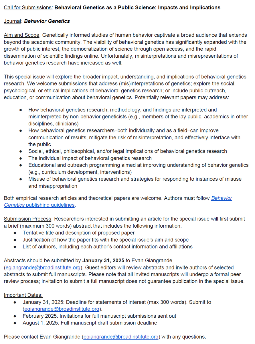BehaviorGenetic's tweet image. Behavior Genetics Special Issue alert! 🚨
This special issue explores the broader impact, (mis)understanding, and implications of behavioral genetics research 🧬
Submit your abstract by January 31st 2025.
More info in the document below 👇