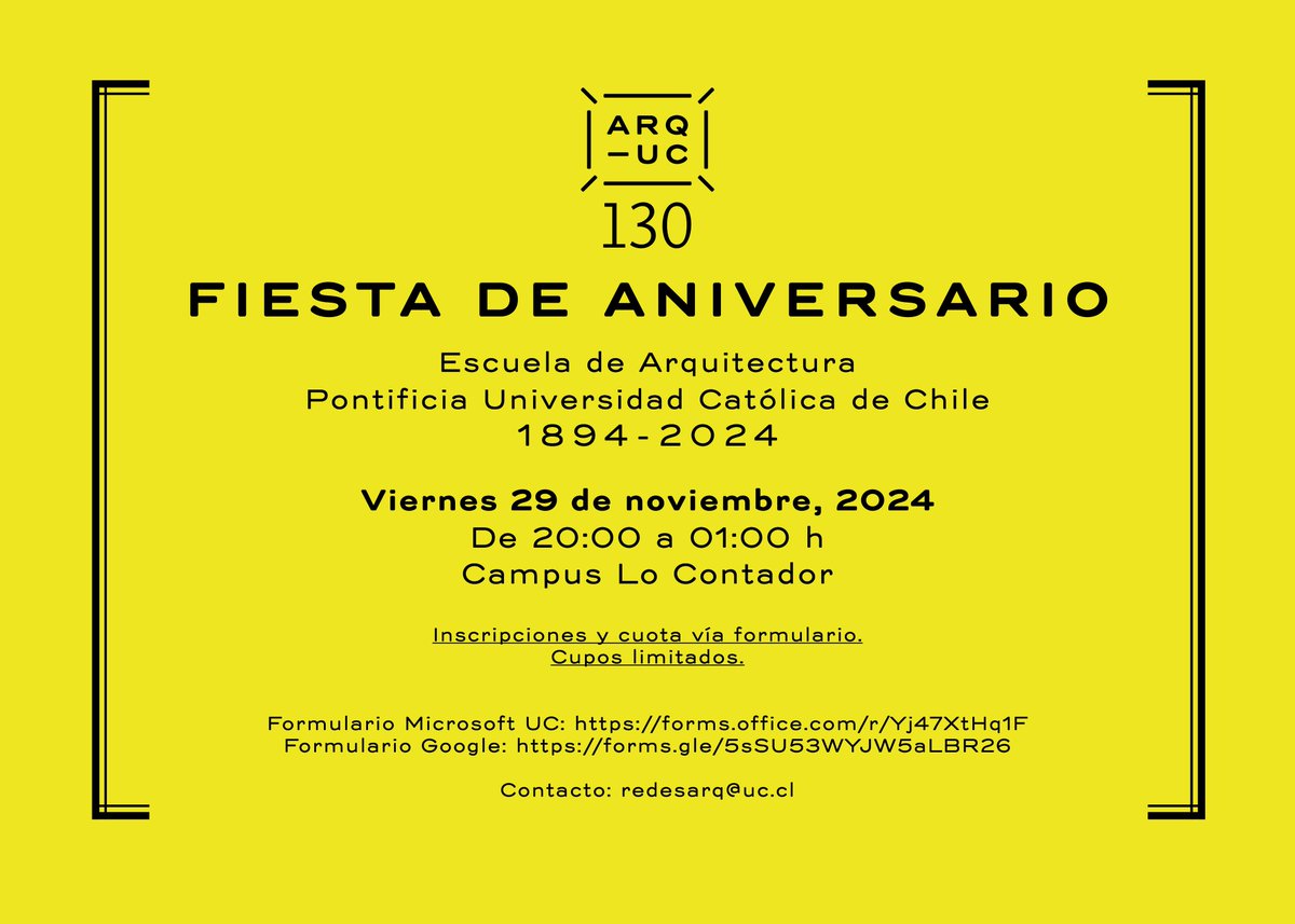 ¡Arquitectos y arquitectas de nuestra escuela, no se pierdan la celebración de 130 años ARQ UC con su generación!

Formulario Microsoft UC
forms.office.com/r/Yj47XtHq1F

Formulario Google
forms.gle/5sSU53WYJW5aLB…