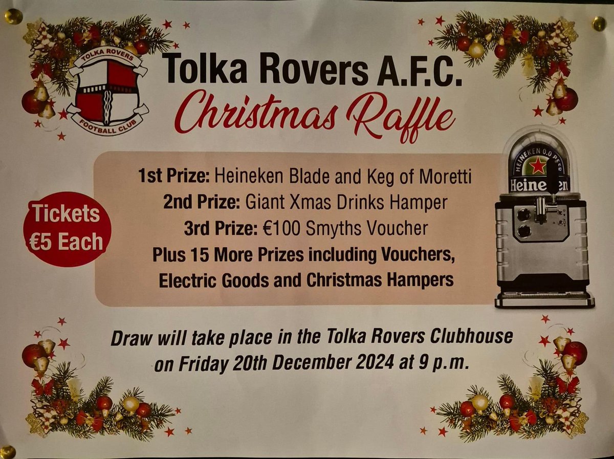 Tickets are now available online for our Mega Christmas Raffle 🎄

The perfect 1st prize to enjoy drinks at home with friends &amp; family over the Christmas along with 17 more fantastic prizes to be won! 
Tickets are only €5 and available online below or behind the bar.