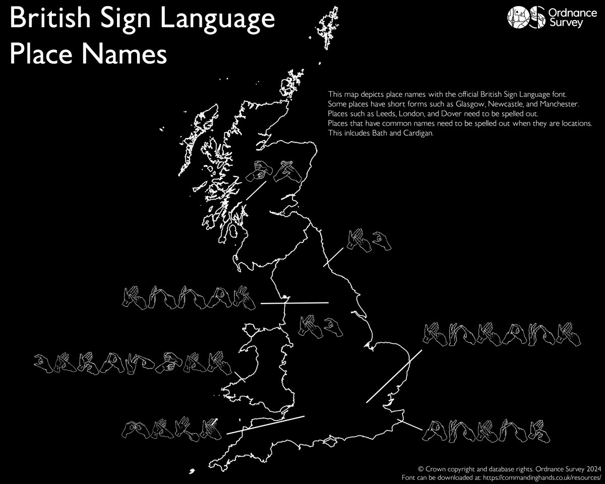 This map depicts place names using the official British Sign Language font. It explores how sign language can be integrated into maps.

Created by Data Scientist Anna Labetski for Day 19 of the #30DayMapChallenge - Typography.