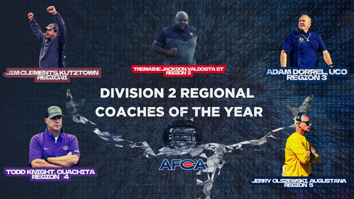 🏆Congratulations to the AFCA D2 Regional Coaches Of The Year

1️⃣ <a href="/KUHC_Clements/">Jim Clements</a> | <a href="/KUBearsFootball/">Kutztown Football 🐻</a>
2️⃣ <a href="/coachjack212/">Tremaine Jackson</a> | @ValdostaStateFB
3️⃣ <a href="/AdamDorrel/">Adam Dorrel</a> | <a href="/ucobronchofb/">UCO Football</a>
4️⃣ Todd Knight | <a href="/OuachitaFB/">Ouachita Football</a>
5️⃣ <a href="/CoachOJ_/">Jerry Olszewski</a> | <a href="/AugieFB/">Augustana Football</a>