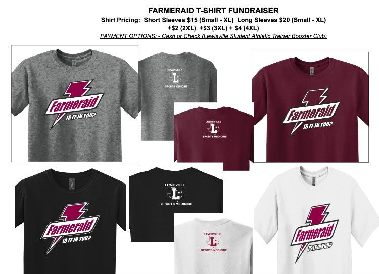 Hey Farmer Fans!!!! 
This week your Sports Medicine team is bringing back one of our most loved tshirts. 
Snag your short sleeve or long sleeve FarmerAid gear that works for ANY SPORTS EVENT!!!!

forms.gle/ty2ZCUFTwnXeBy…