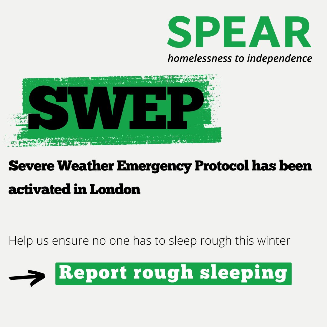 Severe Weather Emergency Protocol (SWEP) has been activated in London today as temperatures are forecast to fall below 0°C. If you see someone rough sleeping, please report them via <a href="/StreetLink_/">StreetLink</a> 

spearlondon.org/severe-weather…

#reportroughsleeping #endhomelessness #severeweather