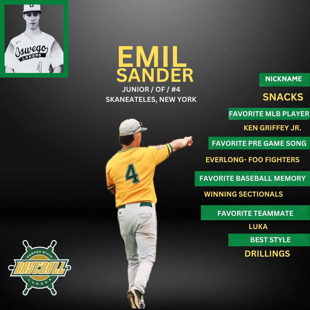 Up next for our “meet the players” series 
Emil Sander
Junior OF, From Skaneateles, NY
#Lakeshow
