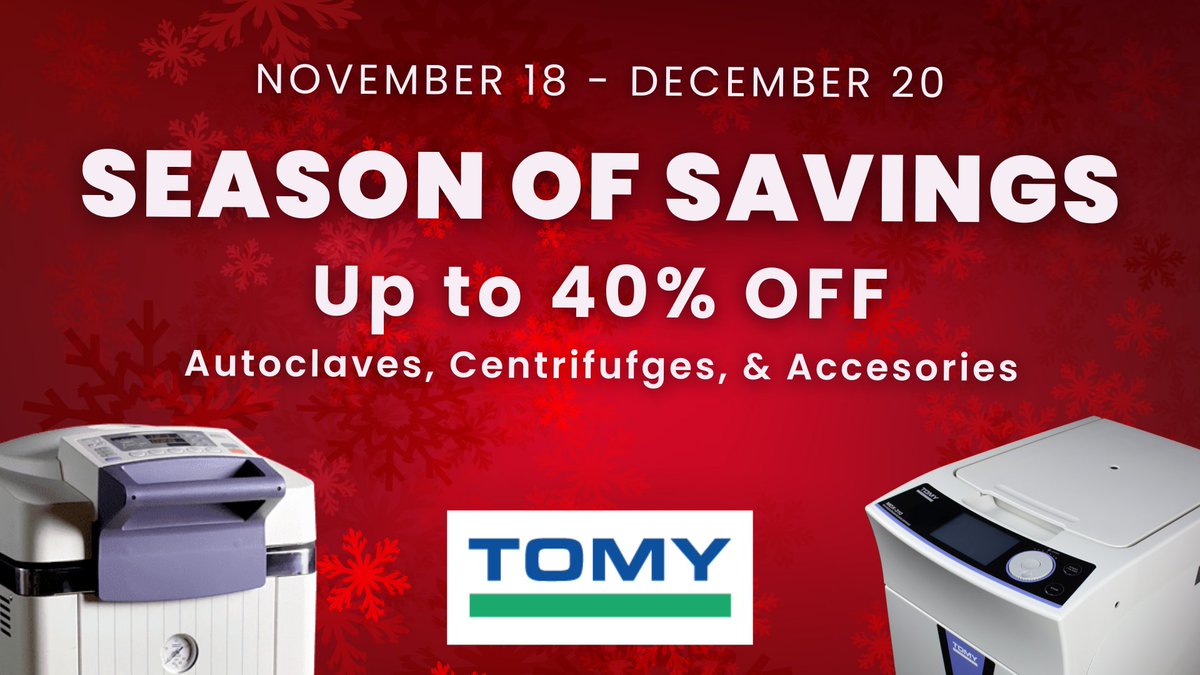 AmuzaInc's tweet photo. π βSeason of Savings!
Upgrade your lab this holiday season! From Nov 18 β Dec 20, get up to 40% off TOMY Autoclaves, Centrifuges & Accessories.
Reliable, high-performance equipment at unbeatable prices.
Shop now: https://t.co/oWNDDbbhW3
#TOMYLabEquipment #Autoclaves #Centrifuges https://t.co/E8EauAoHwh