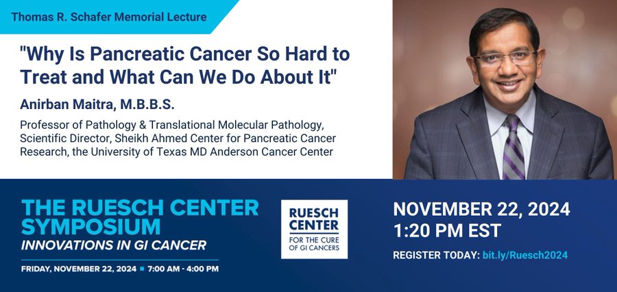 Cure GI Cancers (@rueschcenter) on Twitter photo This year's #RueschSymposium Thomas R. Schafer Memorial Lecture features Dr. Anirban Maitra (<a href="/Aiims1742/">Anirban Maitra</a>) of <a href="/MDAndersonNews/">MD Anderson Cancer Center</a> on November 22, 2024, at 1:20 p.m. EST. Learn more and register today. bit.ly/Ruesch2024 with code Guest2024. <a href="/LombardiCancer/">Georgetown Lombardi</a> <a href="/MedStarGUH/">MedStar Georgetown</a> This year's #RueschSymposium Thomas R. Schafer Memorial Lecture features Dr. Anirban Maitra (<a href="/Aiims1742/">Anirban Maitra</a>) of <a href="/MDAndersonNews/">MD Anderson Cancer Center</a> on November 22, 2024, at 1:20 p.m. EST. Learn more and register today. bit.ly/Ruesch2024 with code Guest2024. <a href="/LombardiCancer/">Georgetown Lombardi</a> <a href="/MedStarGUH/">MedStar Georgetown</a>