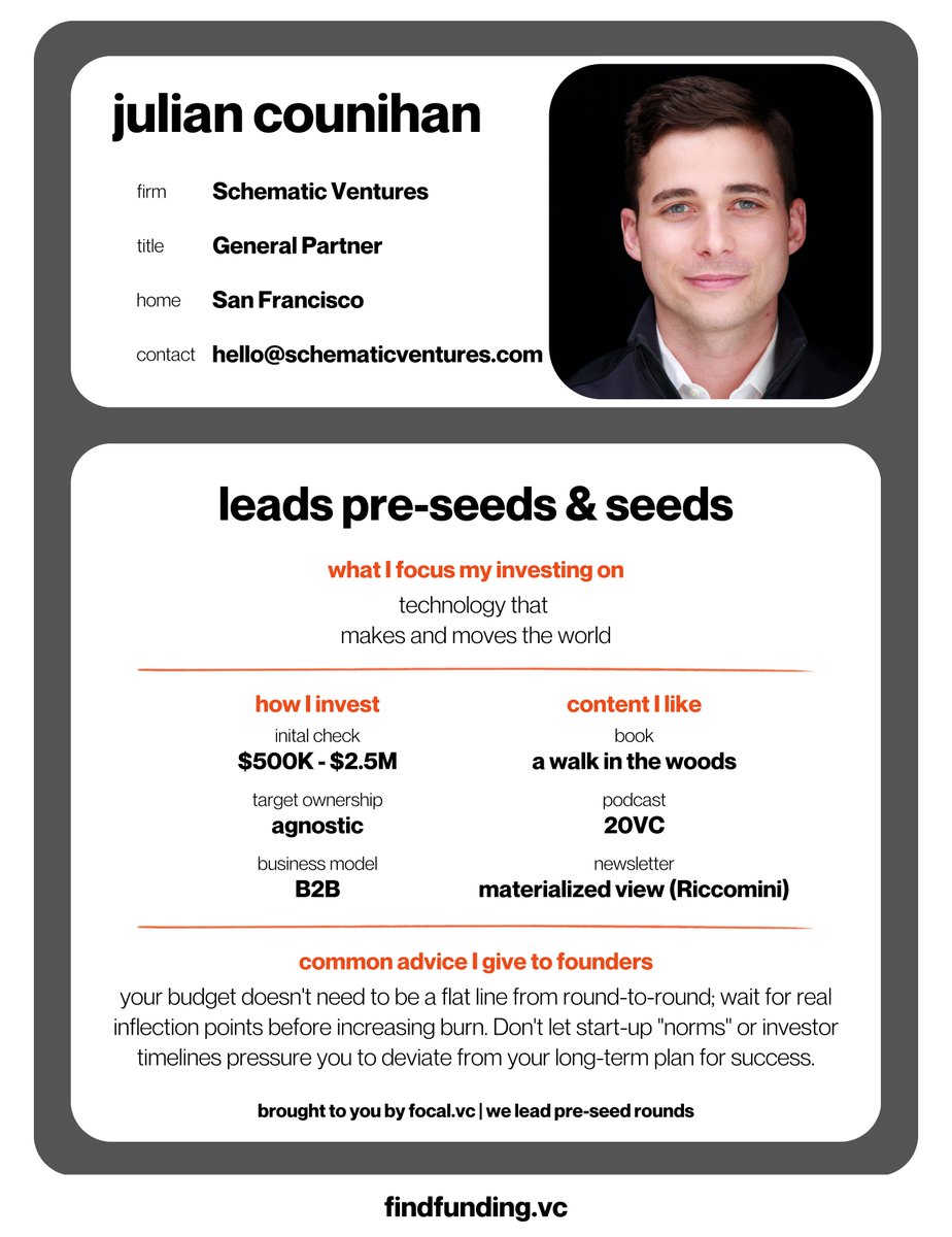 Pascal Unger | your pre-seed lead (@pascalunger) on Twitter photo Building in supply chain / manufacturing or software infrastructure? Here's an investor you should know...
This week's findfunding.vc spotlight is on Julian Counihan (<a href="/NYCounihan/">Julian Counihan</a>) from <a href="/SchematicVC/">Schematic Ventures</a>. He:
🌁 Is SF based
🏭 Started in tech as a software developer at Building in supply chain / manufacturing or software infrastructure? Here's an investor you should know...
This week's findfunding.vc spotlight is on Julian Counihan (<a href="/NYCounihan/">Julian Counihan</a>) from <a href="/SchematicVC/">Schematic Ventures</a>. He:
🌁 Is SF based
🏭 Started in tech as a software developer at