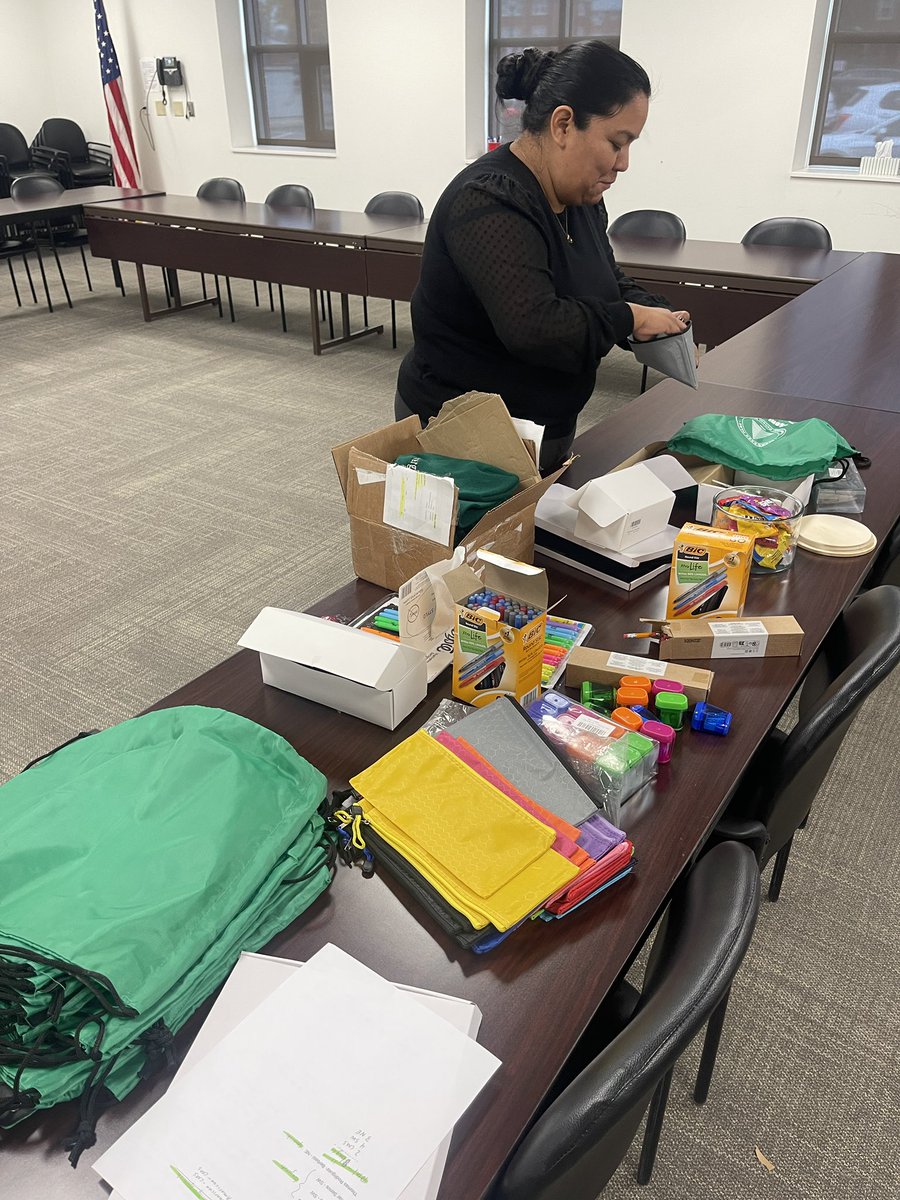 Putting together swag bags for our newcomer students to welcome them into our district! #BeEvergreen #iBelonginEvergreen 💚
