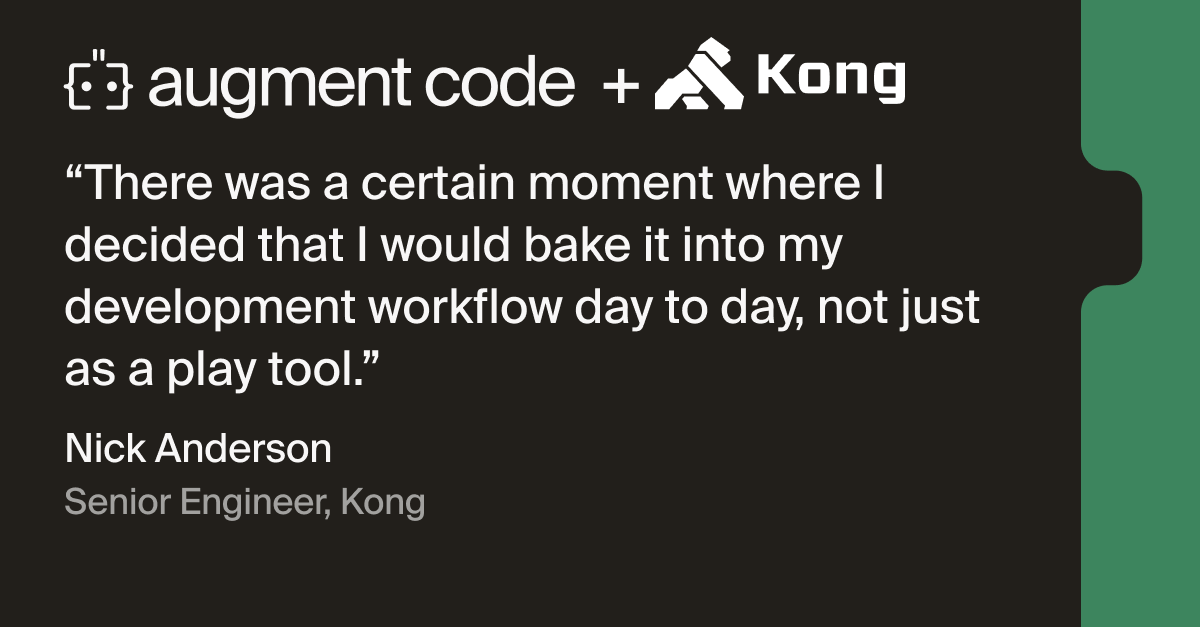 augmentcode's tweet photo. Learn how Augment Code became a core part of @kong's dev workflow - from managing complex microservices in Go &amp; TypeScript to driving high-level engineering solutions.

Read the story: https://t.co/SiJYHrYInv https://t.co/2YIO2VuOBH