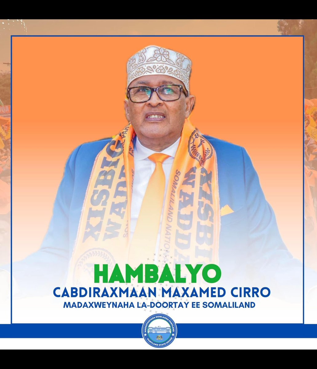 CONGRATULATIONS to H.E Abdirahman Mohamed Abdullahi <a href="/Abdirahmanirro/">Cabdiraxmaan Cirro</a> for his resounding victory and election as President of Somaliland. Congratulations to the people of Somaliland for a peaceful, free and fair elections. Congratulations to Mr. Muse Bihi <a href="/musebiihi/">Muse Bihi Abdi</a> (outgoing