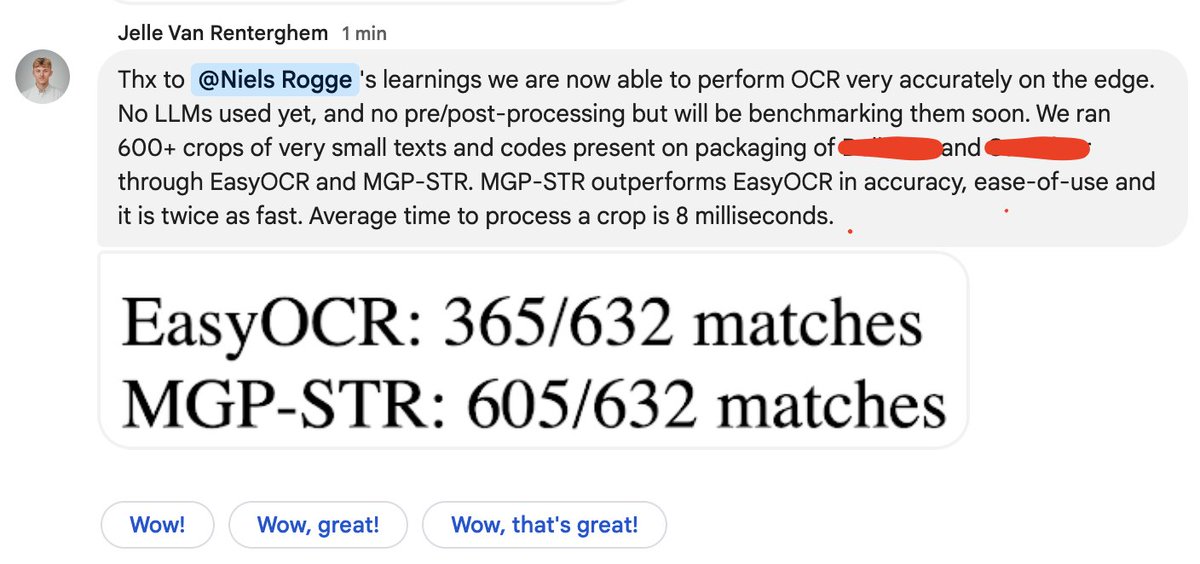 Niels Rogge (@nielsrogge) on Twitter photo I love doing these kind of recommendations!
Stop using EasyOCR (github.com/JaidedAI/EasyO…), it's easy to use yes but a bit outdated (4/5 years old).
Try MGP-STR instead, a ViT based model available on <a href="/huggingface/">Hugging Face</a> for running OCR at the edge! huggingface.co/alibaba-damo/m… I love doing these kind of recommendations!
Stop using EasyOCR (github.com/JaidedAI/EasyO…), it's easy to use yes but a bit outdated (4/5 years old).
Try MGP-STR instead, a ViT based model available on <a href="/huggingface/">Hugging Face</a> for running OCR at the edge! huggingface.co/alibaba-damo/m…