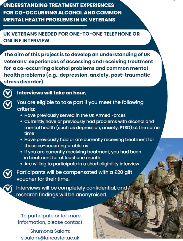 Dr Patsy Irizar (she/her) (@patsy_irizar) on Twitter photo We're recruiting veterans with co-occurring alcohol & mental health issues to share their treatment experiences. Help us understand barriers, facilitators & outcomes of treatment #Veterans #MentalHealth #Alcohol #Research please RT <a href="/CombatStress/">Combat Stress</a> <a href="/FiMT_RC/">The Forces in Mind Trust Research Centre</a> <a href="/kcmhr/">King's Centre for Military Health Research</a> <a href="/changegrowlive/">Change Grow Live</a> We're recruiting veterans with co-occurring alcohol & mental health issues to share their treatment experiences. Help us understand barriers, facilitators & outcomes of treatment #Veterans #MentalHealth #Alcohol #Research please RT <a href="/CombatStress/">Combat Stress</a> <a href="/FiMT_RC/">The Forces in Mind Trust Research Centre</a> <a href="/kcmhr/">King's Centre for Military Health Research</a> <a href="/changegrowlive/">Change Grow Live</a>