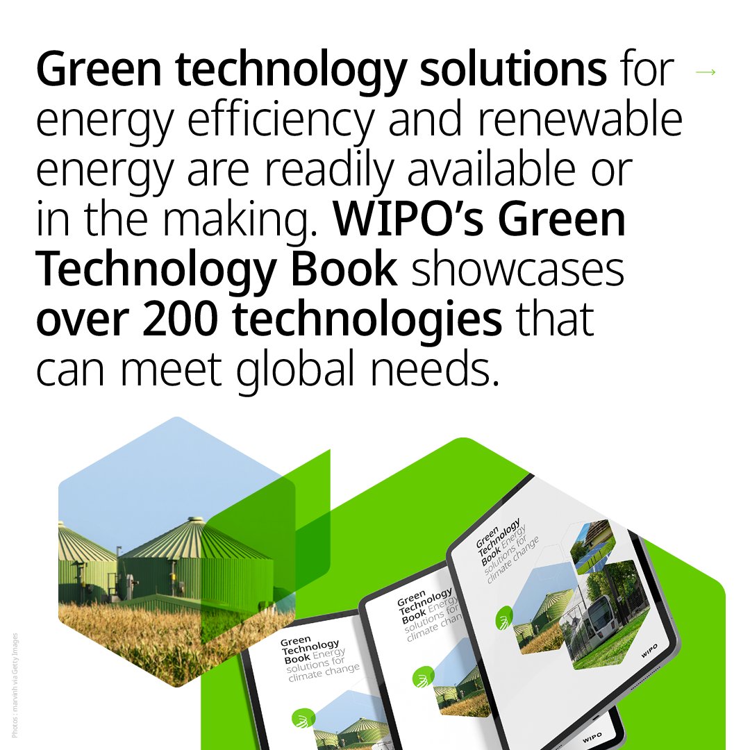 WIPO's tweet photo. Clean energy technologies can help:

🔋 Meet rising demand for energy
🌱 Reduce carbon emissions
🌍 Enhance resilience to climate change

WIPO’s Green Technology Book identifies 200+ solutions to tackle global energy challenges: https://t.co/Vm39IspECy

Swipe through to explore.