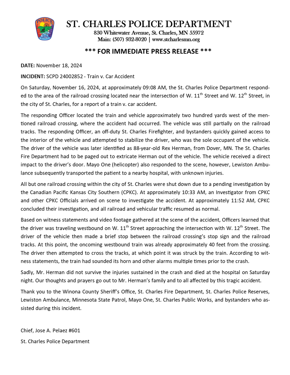 **FOR IMMEDIATE PRESS RELEASE** Car v. Train Accident