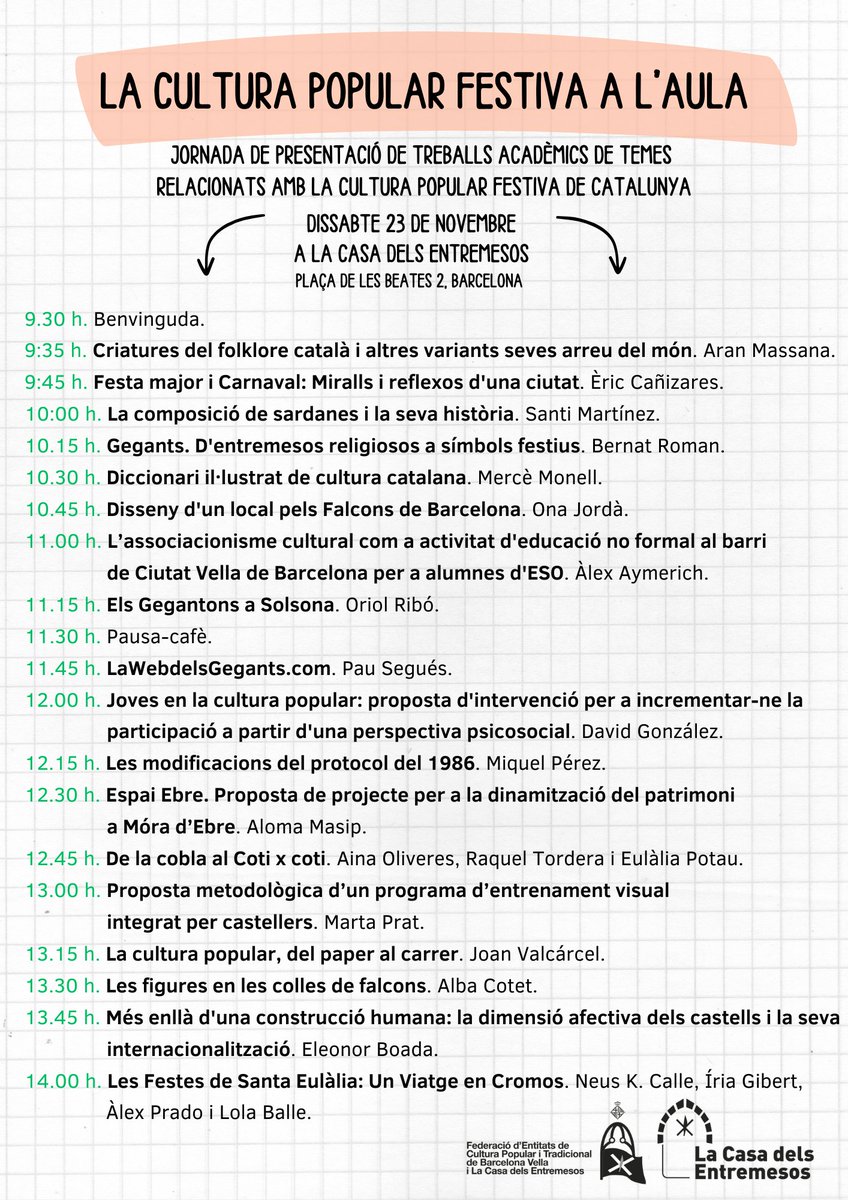casaentremesos's tweet photo. LA CULTURA POPULAR FESTIVA A L'AULA

Dissabte celebrem la segona edició de la jornada de presentació de treballs acadèmics relacionats amb l’àmbit de la cultura popular de joves que han volgut plasmar els seus coneixements en divuit propostes.

Us animem a escoltar-les! https://t.co/2K0A2Zosm6