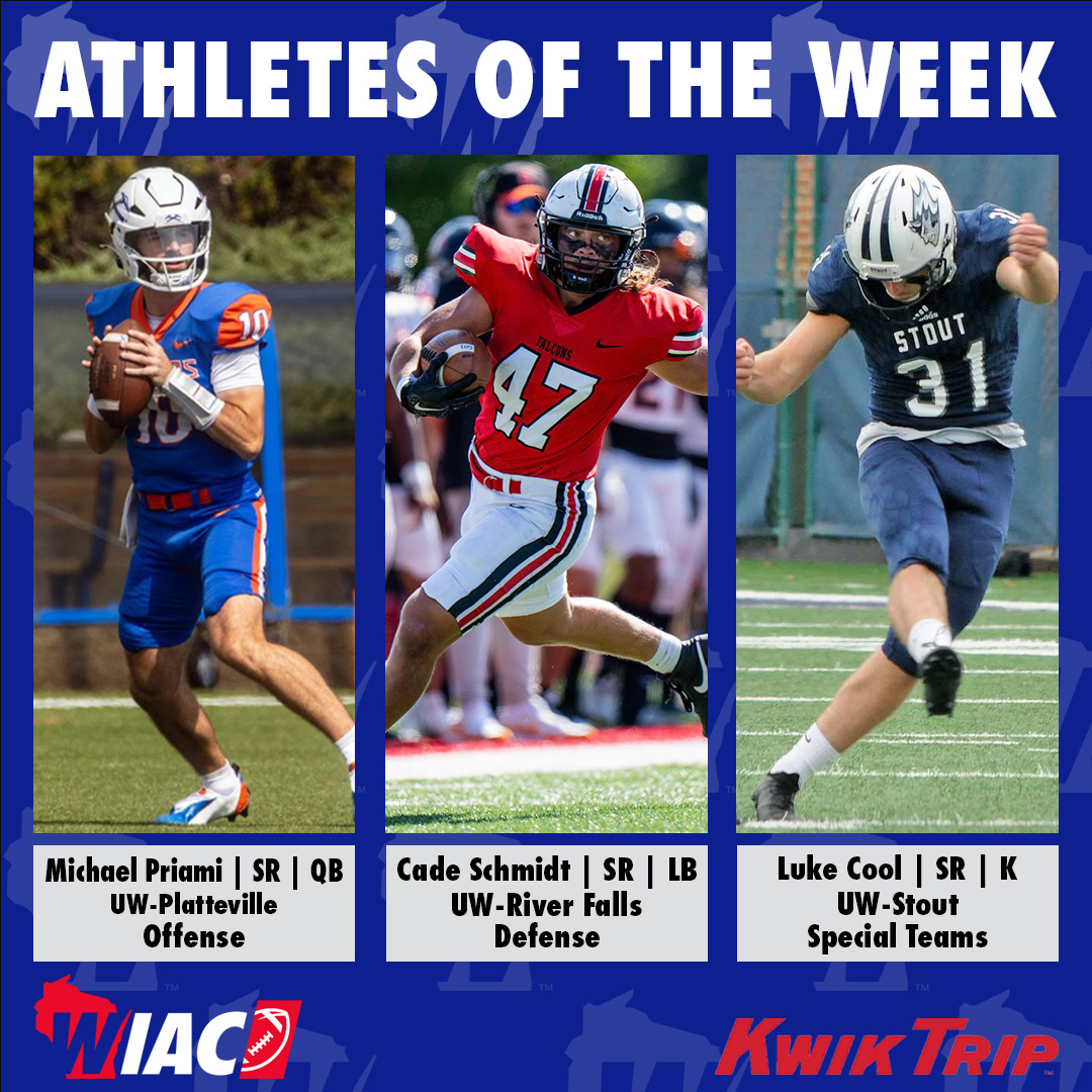 WIAC (@wiacsports) on Twitter photo #WIACFB | <a href="/uwp_pioneers/">UW-Platteville Athletics</a> Priami, <a href="/UWRFFalcons/">UW-River Falls Athletics</a> Schmidt, and <a href="/stoutbluedevils/">UW-Stout Athletics</a> Cool Receive Kwik Trip Athlete of the Week Honors: bit.ly/3CJOu7Q
#ExcellenceInAction
#d3fb #WIACFB | <a href="/uwp_pioneers/">UW-Platteville Athletics</a> Priami, <a href="/UWRFFalcons/">UW-River Falls Athletics</a> Schmidt, and <a href="/stoutbluedevils/">UW-Stout Athletics</a> Cool Receive Kwik Trip Athlete of the Week Honors: bit.ly/3CJOu7Q
#ExcellenceInAction
#d3fb