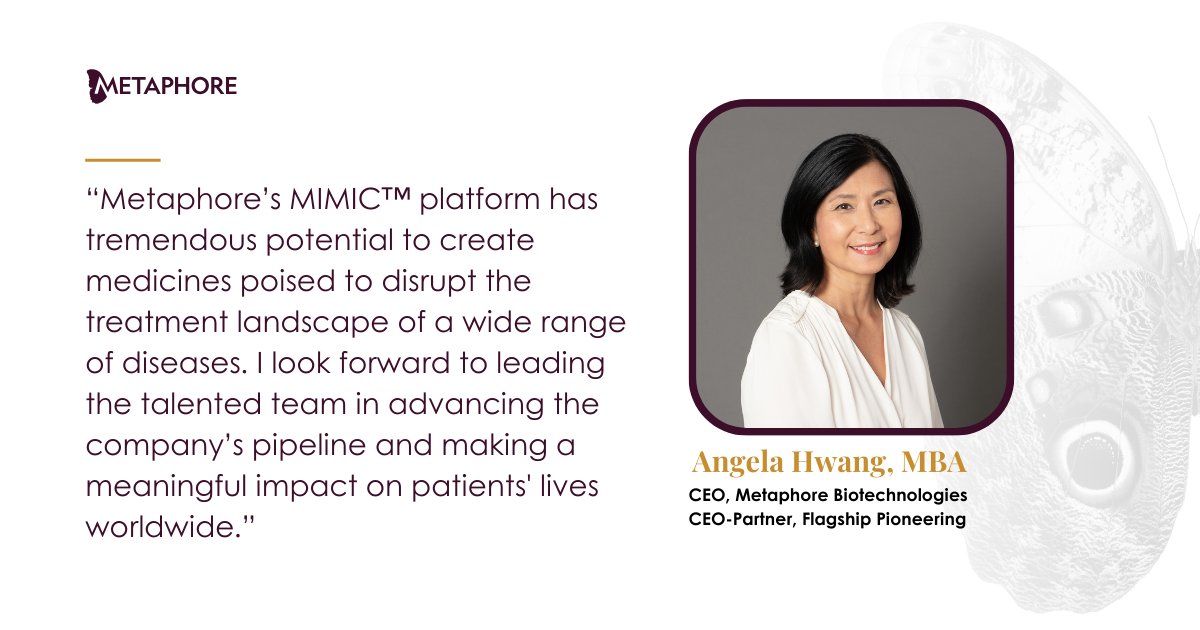 Excited to welcome Angela Hwang as CEO of Metaphore. Angela joins us after serving as Pfizer’s Chief Commercial Officer and a member of the Executive Leadership Team. Read more about Angela and her plans for #FlagshipFounded Metaphore: metaphorebio.com/news/flagship-…