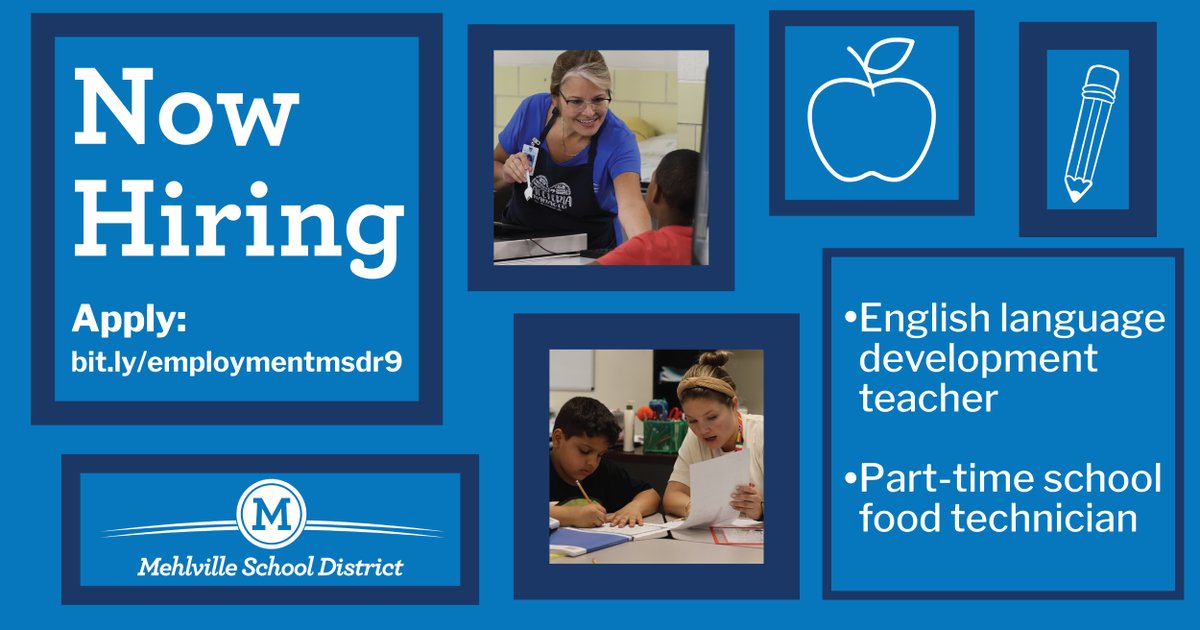 NOW HIRING: We have new openings for an English development teacher and a part-time School Food and Nutrition Services technician. Please share this post with anyone who is a good fit for these positions!  #msdr9

Visit bit.ly/employmentmsdr9 to learn more and to apply!