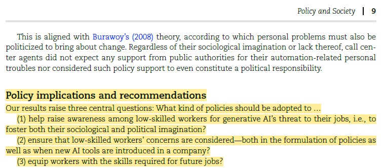 Policy & Society Journal (@policysociety) on Twitter photo 📢🆕Early view❗️
How does #GenerativeAI impact low-skilled workers in their daily professional lives❓
Noah Oder & <a href="/danielbeland/">Daniel Béland</a> focus on call center agents who face heightened #automation risks & how flawed AI tools can increase #emotional labour👇
doi.org/10.1093/polsoc… 📢🆕Early view❗️
How does #GenerativeAI impact low-skilled workers in their daily professional lives❓
Noah Oder & <a href="/danielbeland/">Daniel Béland</a> focus on call center agents who face heightened #automation risks & how flawed AI tools can increase #emotional labour👇
doi.org/10.1093/polsoc…