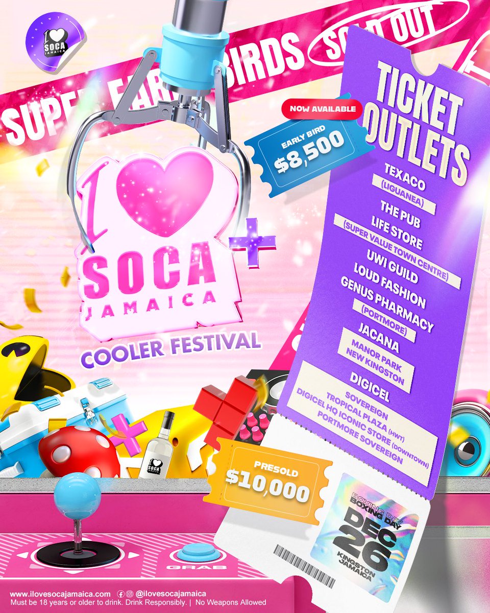 Don’t wait—get them FAST! 💨 

Early Bird Tickets for <a href="/ilovesocaja/">ilovesocaja</a> are NOW AVAILABLE for just $8,500 JMD (Physical Tickets)! 🎉  

Presold Tickets: $10,000 JMD  

Online at caribtix.com/ilovesoca

#iLoveSoca #iLoveSocaJa #iLoveSocaJamaica #BoxingDay2024