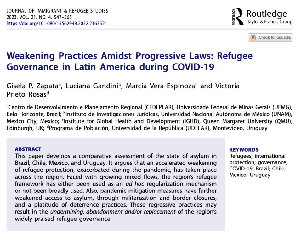 MigracionesUP's tweet image. What happened to the governance of refugee flows in Latin America during the pandemic? A recent article by @giselazapata et al., published in the Journal of Immigrant &amp;amp; Refugee Studies, provides some answers. Here are the key findings👇🧵