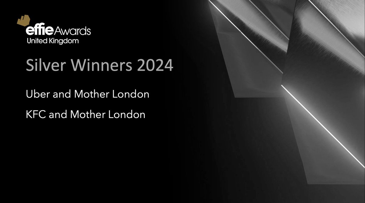 Effie UK (@effie_uk) on Twitter photo And now we move onto this year’s Silver winners! It’s a double Silver win for <a href="/motherlondon/">Mother London</a> tonight! 🥈 Congratulations to <a href="/Uber/">Uber</a> & <a href="/motherlondon/">Mother London</a> for New Product Introductions and <a href="/kfc/">KFC</a> & <a href="/motherlondon/">Mother London</a> for New Product Introductions. Incredible achievements! #EffieUK2024 And now we move onto this year’s Silver winners! It’s a double Silver win for <a href="/motherlondon/">Mother London</a> tonight! 🥈 Congratulations to <a href="/Uber/">Uber</a> & <a href="/motherlondon/">Mother London</a> for New Product Introductions and <a href="/kfc/">KFC</a> & <a href="/motherlondon/">Mother London</a> for New Product Introductions. Incredible achievements! #EffieUK2024