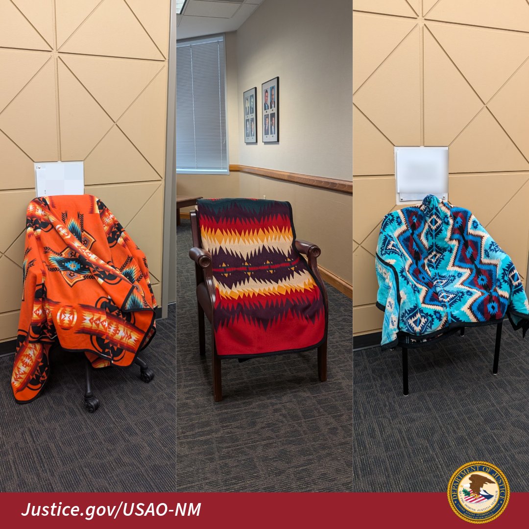 USAO_NM's tweet photo. Today is #RedShawlDay, a reminder of the disproportionate violence faced by Indigenous women, girls, and Two-Spirit people during #NativeAmericanHeritageMonth.
In our office, we've draped chairs with red blankets as a statement of remembrance and solidarity.
#USAttorney https://t.co/IBTN7fcxPY