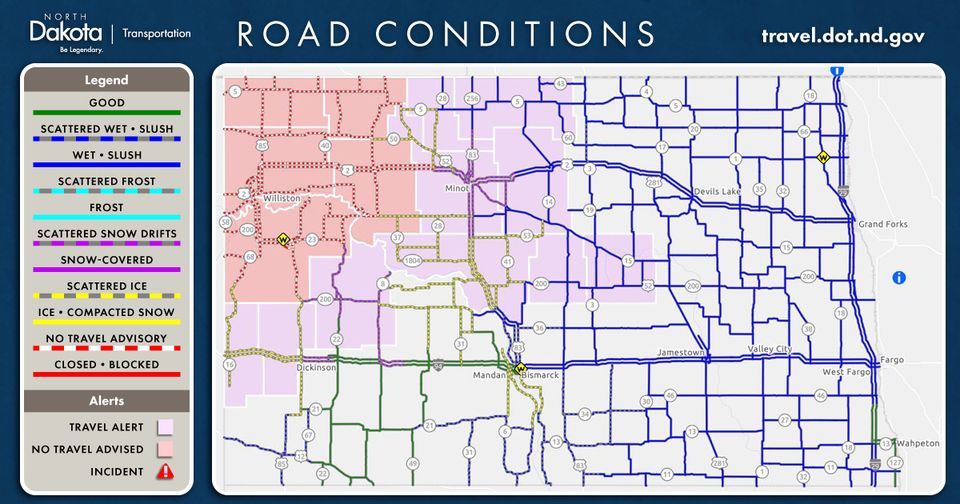 A No Travel Advisory is in place for northwestern North Dakota due to heavy snow and reduced visibility. 

For the latest road conditions, visit travel.dot.nd.gov or download the ND Roads app. #knowbeforeyougo #NDRoads #ndwx