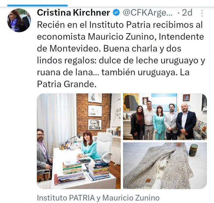 jjnorbis's tweet photo. El intendente de Montevideo se reunió con Cristina Kirchner y le regaló dulce de leche y una ruana para que coma y se abrigue en la cárcel https://t.co/2iavAMz08S