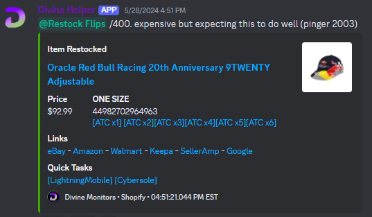 Ever see a flip so wild it makes you double check the numbers?

One of our members copped a Oracle Red Bull Hat for $93 and flipped it for $1,000 in just 5 days.

These aren’t just one off wins—they’re the kind of plays you find when you’re part of the right group.

Stop watching