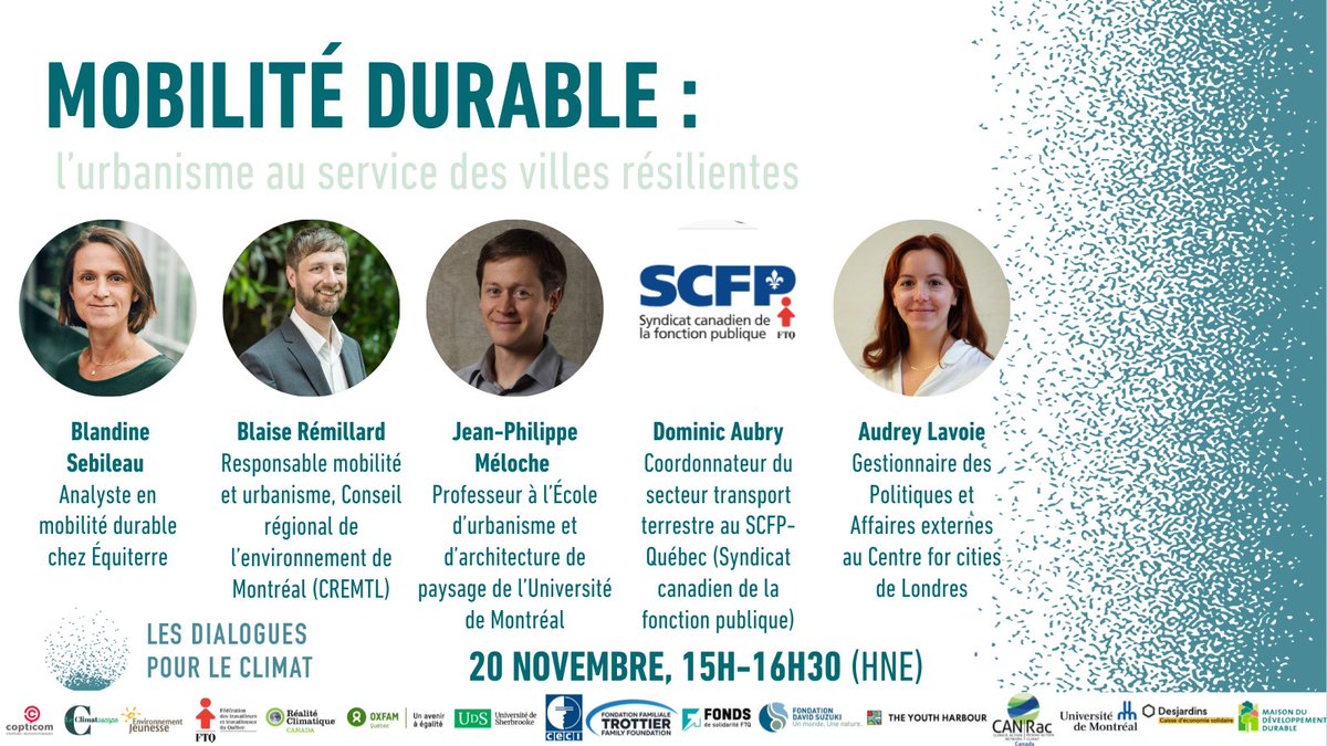 📆 20/11 - Jour 8: Rendez-vous demain ! 🏗️ 🚄 🌐

-8h30: Débreffage #4 ! 🌍
-12h: PRDV 8 "Migrations et déplacements forcés climatiques: Un portrait de l’intersection des précarités". ✊
-15h: PI sur la mobilité durable !  🚌 🚲 🏢

👉 Inscriptions ici: loom.ly/dDM6t3Q