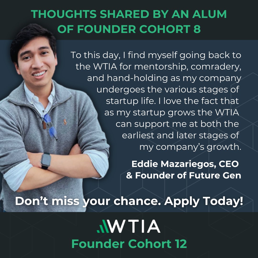 ⏰ Only one week left to apply for the Founder Cohort Program! Ideal for tech startup CEOs in Washington State, like Cohort 8 alum, Eddie Mazariegos, CEO &amp; Founder of Future Gen. Apply by November 25th: hubs.ly/Q02YQy8P0

#TechStartup #FounderCohort