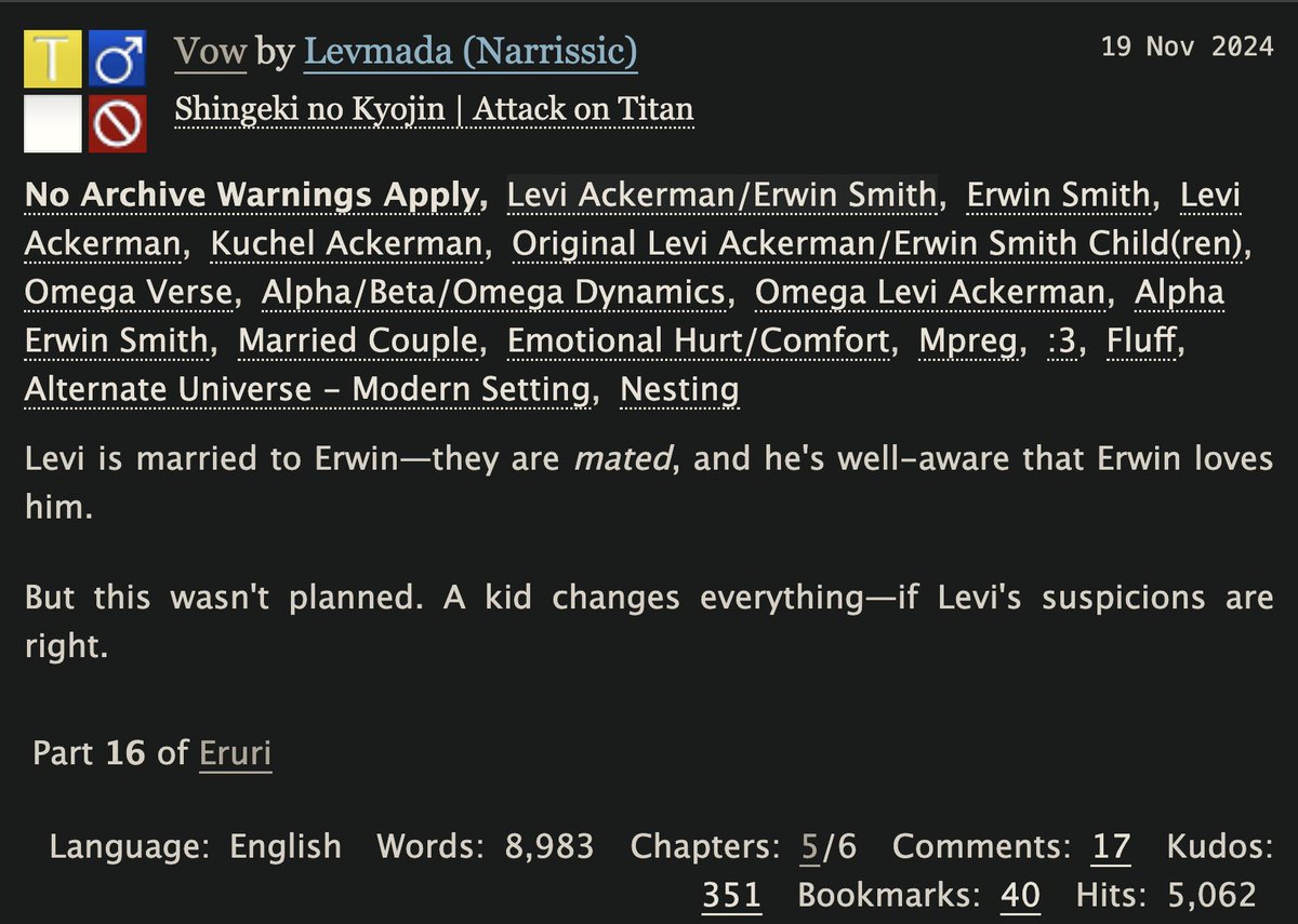 Vow -> my submission for this challenge >-< 

technically the whole fic can be considered domestic/healing? :) but mainly the chapter i posted today. i hope this counts<3

<a href="/eruri_connect/">ERURI Matchmaking | 🔞 | fandom event | adult-only</a> #eruri #erurinsfw #eruriweek2024OG