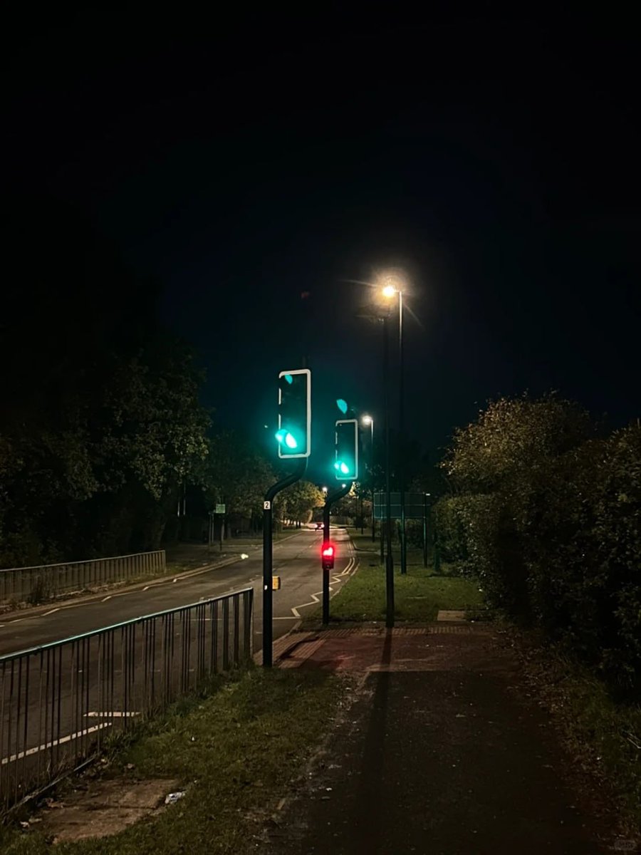 orientalli's tweet image. A quiet street illuminated by traffic lights at night.