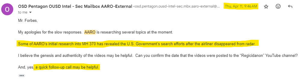 AshtonForbes's tweet photo. I'M DONE PLAYING GAMES WITH THE PENTAGON

AARO ghosted me and are not acknowledging the case I submitted to them. They never even gave me my memorandum of record. They know the MH370 videos are real, that's why they ghosted me.

Tomorrow on my live stream at 7pm CST I am going to expose the Lieutenant Colonel who I spoke with over the phone and communicated with via email. 

I have 100% confirmed their identity using information I was given on the phone and I will share the proof on my stream. 

Here's a teaser;

The person in question was a former Deputy Chief of Operations with the Defense Intelligence Agency.