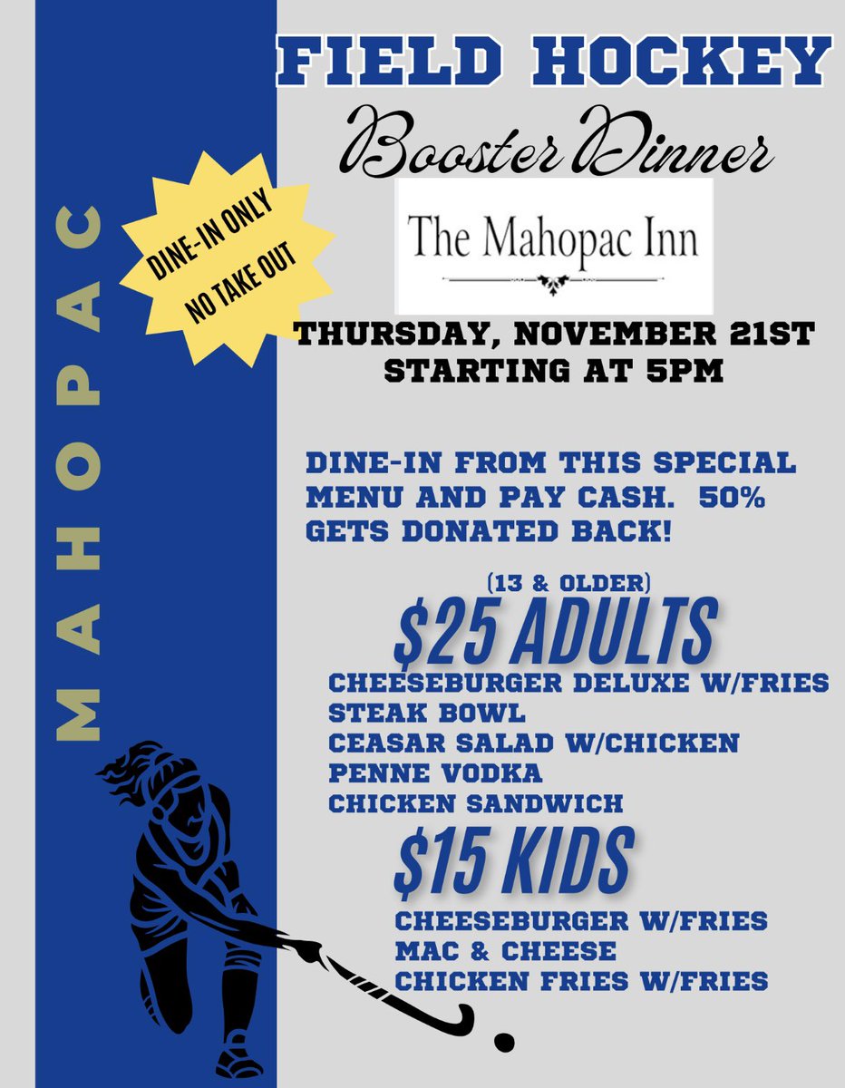 Come support pac field hockey this Thursday by dinning in at The Mahopac Inn!!💙💛
