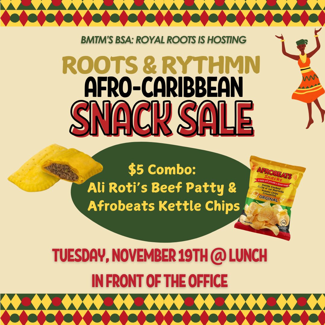 _MsPalermo's tweet photo. Today students from BMTM’s BSA: Royal Roots hosted a Roots &amp; Rhythm Afro-Caribbean Snack Sale! Students and staff enjoyed snacking on Puff Puffs, Beef Patties, and Afrobeats Kettle Chips 

@TCDSB @Equity_TCDSB @laila_velocci @TCDSB_RDAddario https://t.co/7W7nTsVfch