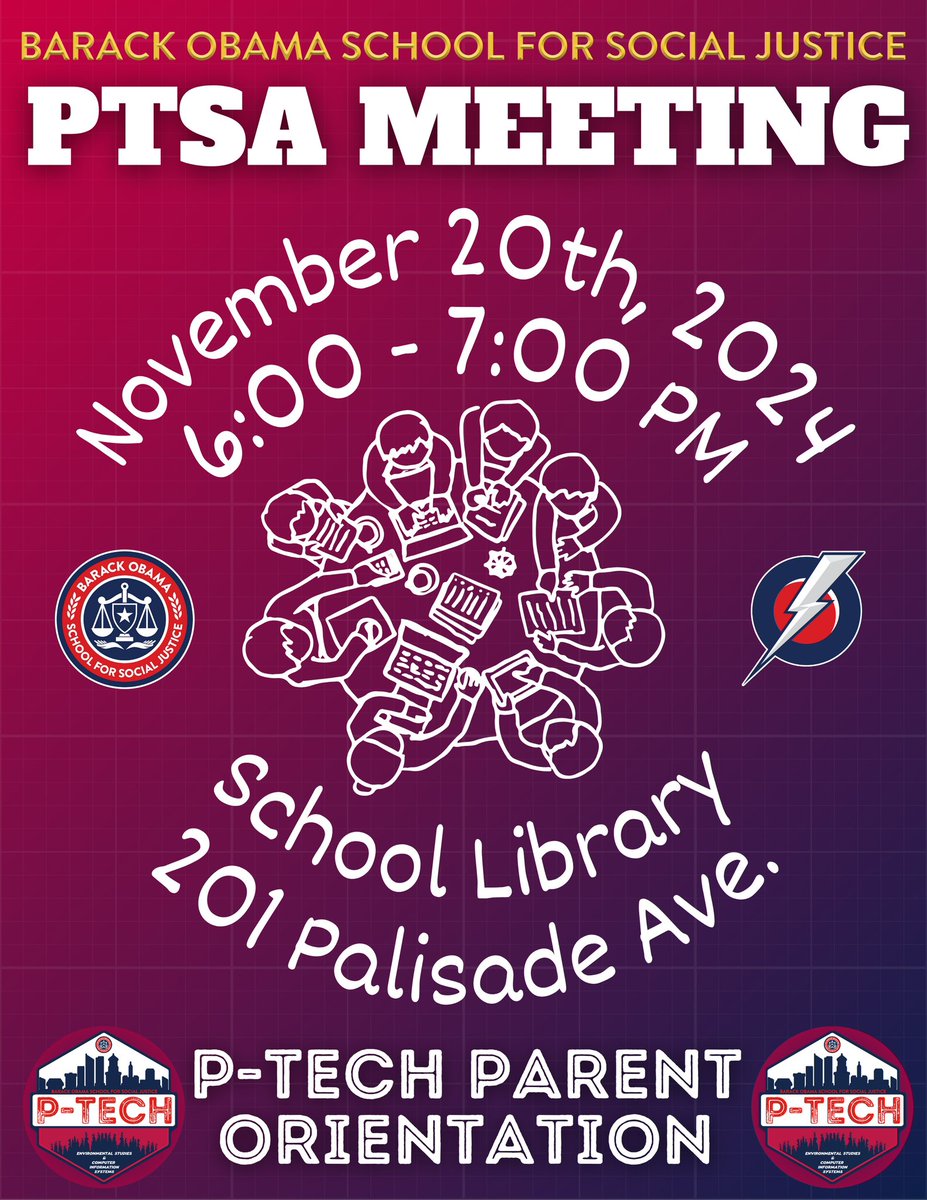 Join us tomorrow for our monthly PTSA Meeting <a href="/BarackObamaYPS/">Barack Obama School for Social Justice</a> <a href="/YonkersSchools/">Yonkers Public Schools</a> @YonkersMBK <a href="/YonkersCPTA/">YCPTA</a> <a href="/AnibalSolerJr/">Aníbal Soler, Jr.</a> <a href="/BarackObama/">Barack Obama</a> <a href="/GroundworkHV/">Groundwork HV</a> <a href="/YonkersPartners/">YPIE</a>