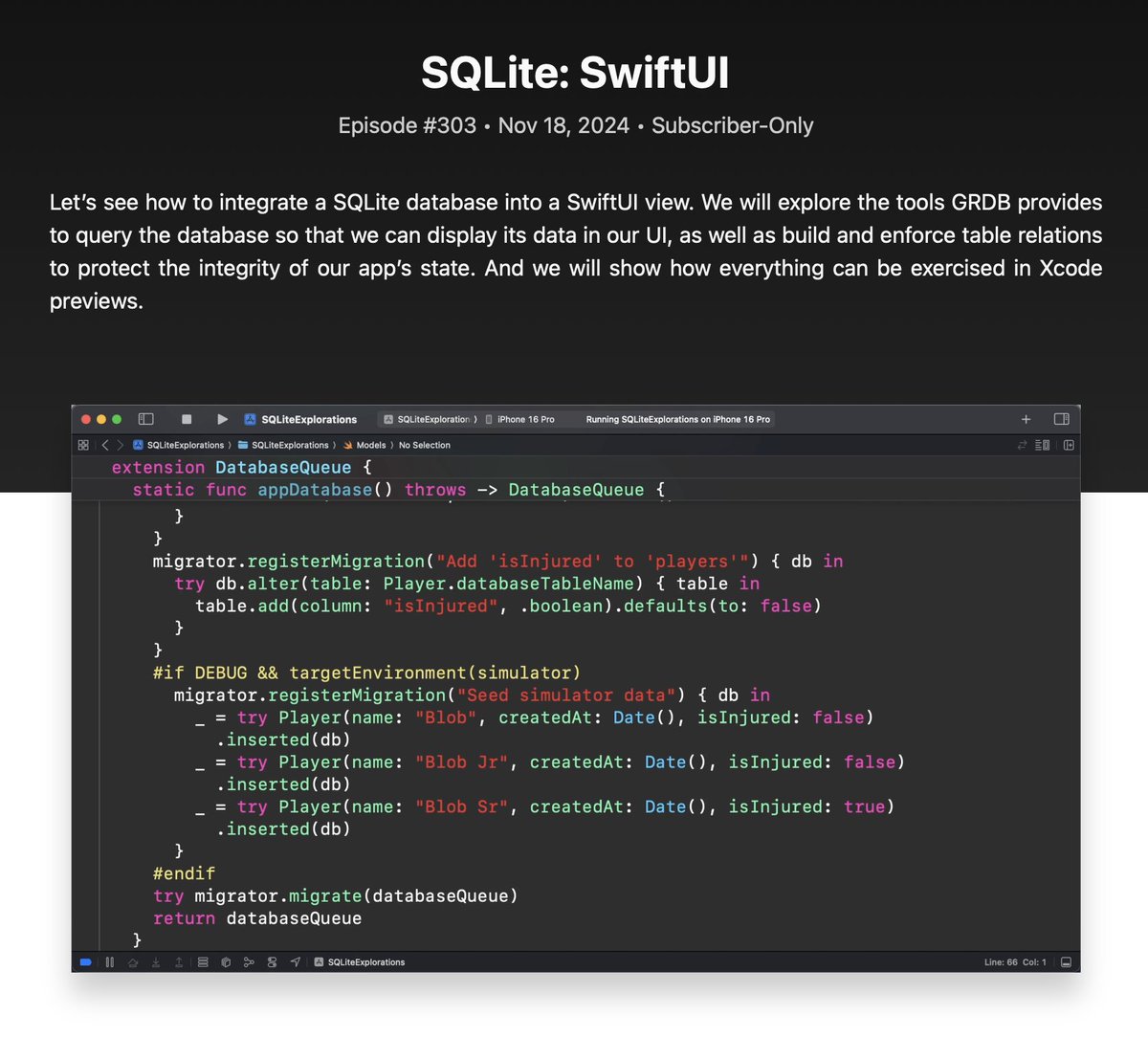 This week we explore executing SQLite queries to fetch data and display it in SwiftUI. Along the way we showcase a technique for seeding data in development using GRDB migrations to instantly populate your UI with no additional work.

👉 pointfree.co/episodes/ep303…