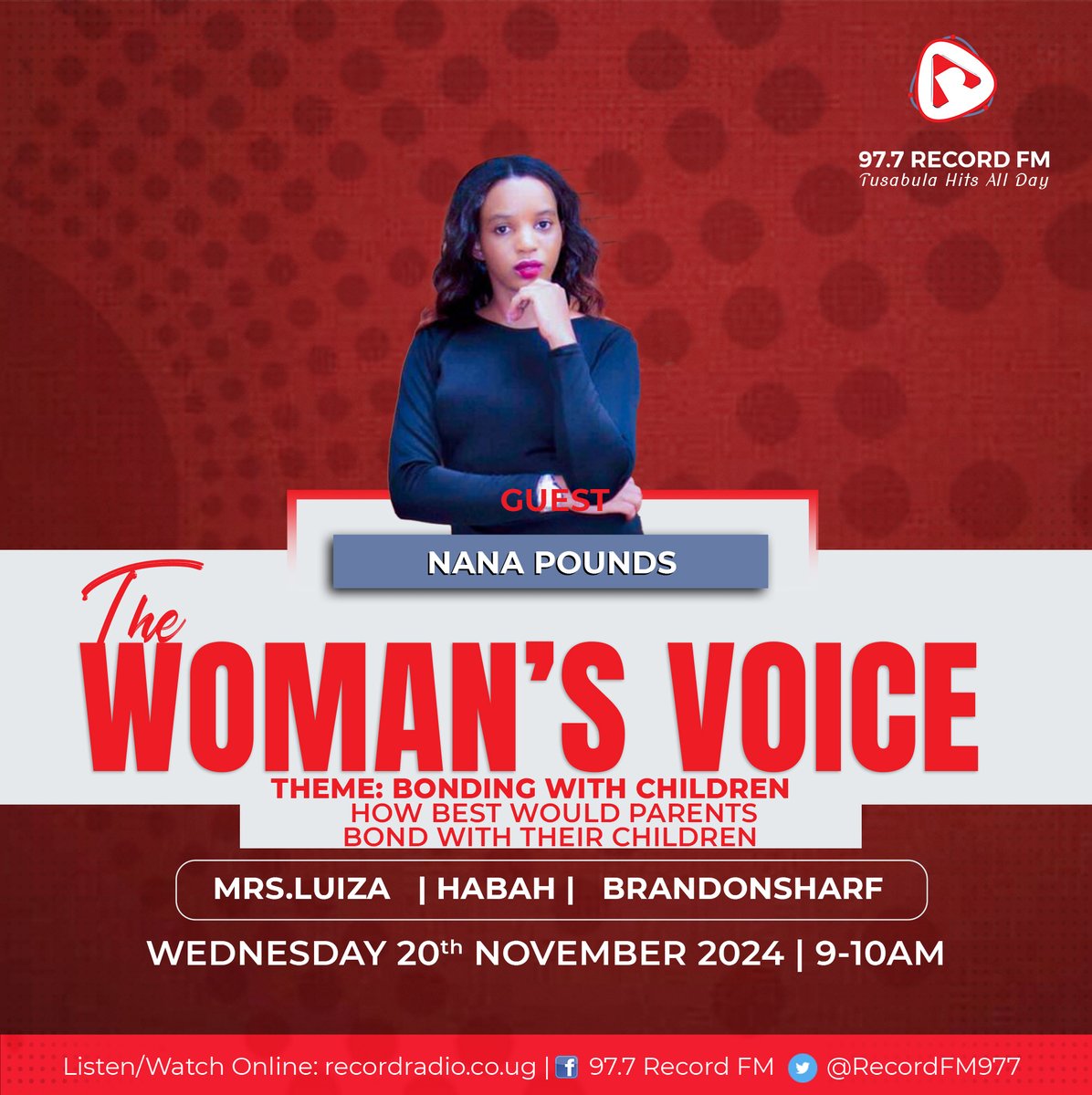 We shall be having <a href="/JackieKatusiime/">Jackline Katusiime</a> (Award winning Actress) and Nana Pounds as our guests tomorrow 9:00am - 10:00am #womensvoice and the theme will be bonding with children. 

We shall be live on our Facebook page, You can also listen/watch online via recordradio.co.ug/live