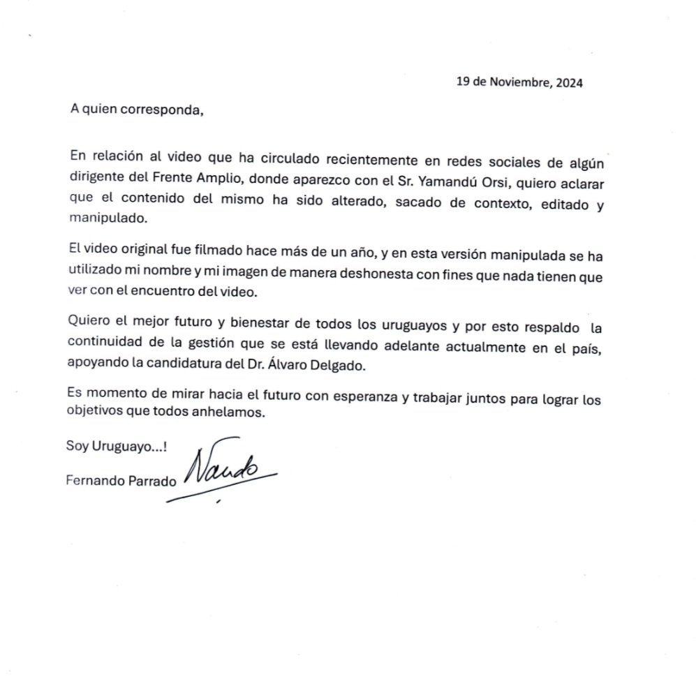 Buenas tardes amigos.
Ante al aparición ayer de un video posteado en redes por ex jerarcas del Frente Amplio, compartimos comunicado de Fernando Parrado. 👇🏻
