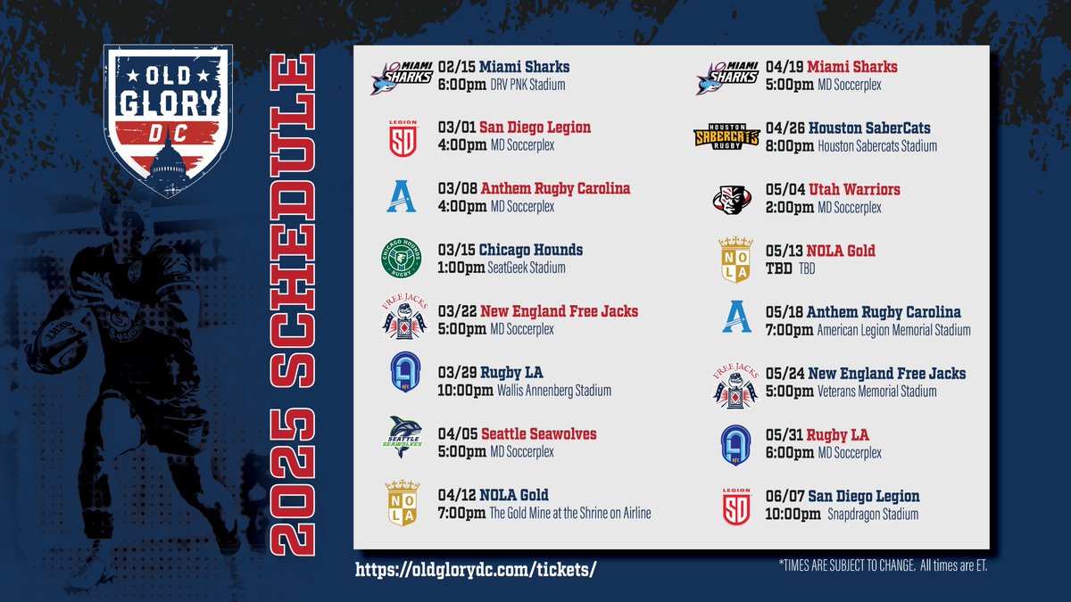 OldGloryDC's tweet photo. The 2025 schedule is out! 🏉
Mark your calendars, Old Glory fans—it’s time to #UpTheFlags! 🎉
📅 View the full schedule now!
#MLR2025 #Rugby https://t.co/GgR9If8noo
