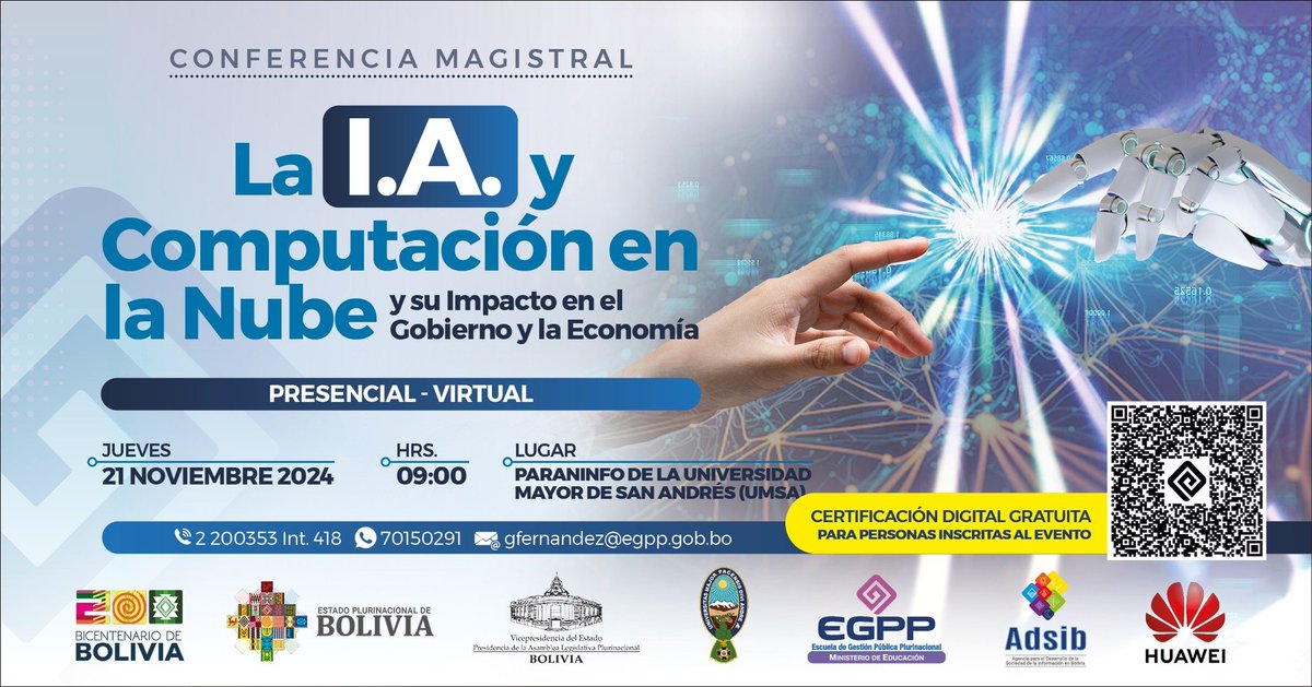 egppbol's tweet photo. 🔔¡inscríbete a la conferencia magistral "La IA y Computación en la Nube: Y su impacto en el Gobierno y la Economía"! 

🗓️ Jueves 21/11, Paraninfo UMSA. 
🔗 Regístrate: https://t.co/4fOESLjWIW
🌍 Expertos debatirán cómo estas tecnologías están revolucionando el mundo. 

#egpp #IA https://t.co/2iKvtxG22N