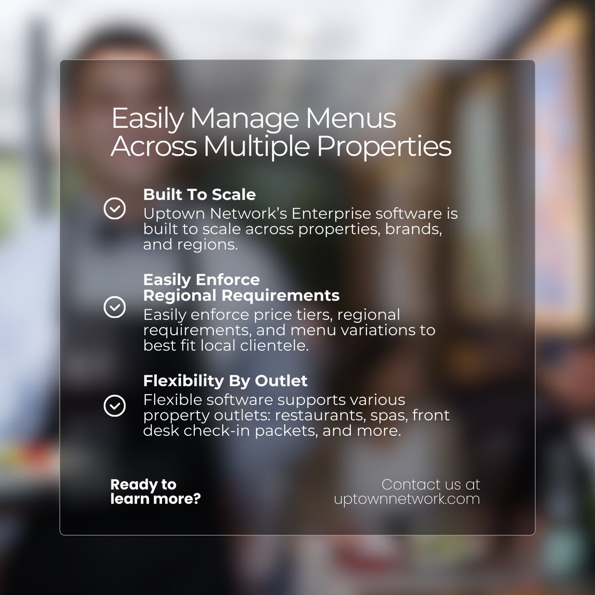 Easily manage menus across multiple properties with digital menus! Send us a message or visit our website to learn more: uptownnetwork.com

#FoodAndBeverage #HospitalityIndustry #Hospitality #Restaurants #Innovation #Sustainability #GuestExperience #ChefLife