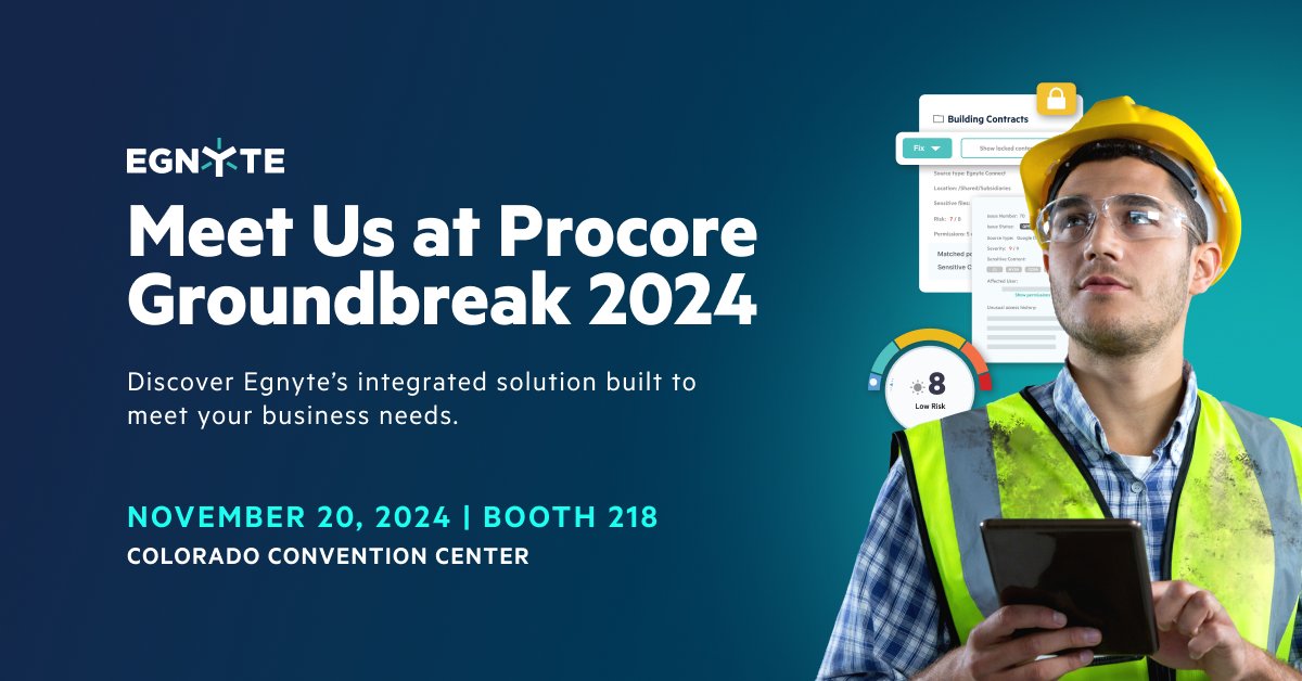 CSchmitty68's tweet image. Discover how Egnyte & @ProcoreTech are revolutionizing the construction industry! Meet us at Booth #218 at Procore Groundbreak to explore seamless Procore integration, AI-driven insights, & secure collaboration tools. Book your demo today!
#GBK24 bit.ly/4fw52Pp