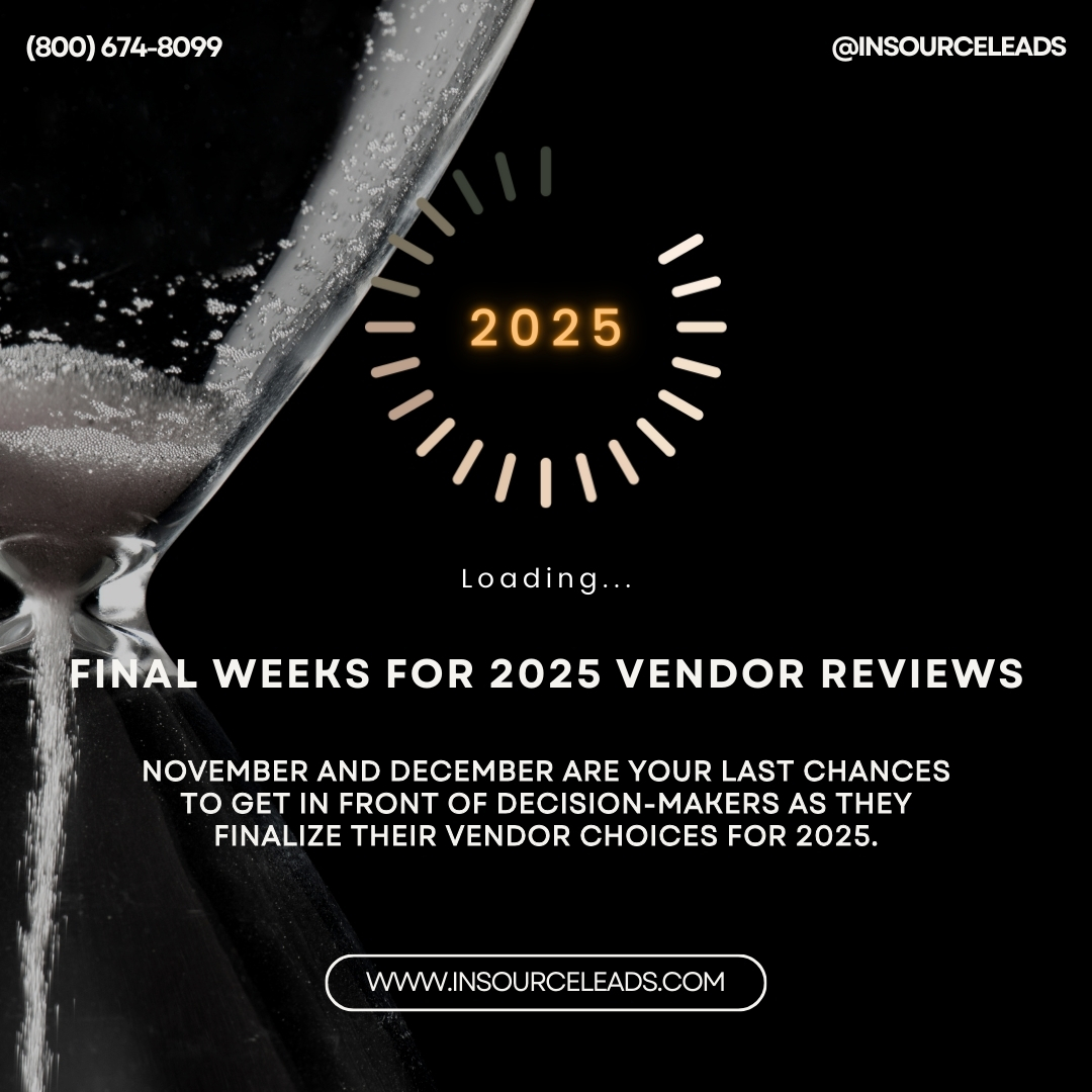 InsourceLeads's tweet image. November and December are your last chances to get in front of decision-makers as they finalize their vendor choices for 2025. Insource Leads’ managed sales program and Live Introduction approach can help you secure those key meetings. #ManagedSales #LiveIntroduction #2025Budgets