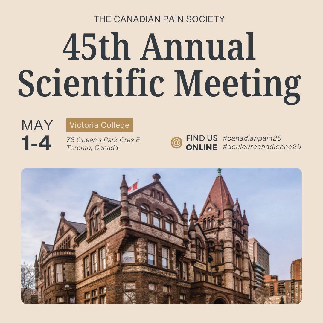 Canadian Pain Society (@canadianpain) on Twitter photo The 2025 Annual Scientific Meeting is set to be the largest pain-centered gathering in Canada! 🍁
📍 May 1st-4th, 2025
Victoria College at the University of Toronto, ON.
🔗 canadianpainsociety.ca/asm
#CanadianPain25 #douleurcanadienne25 The 2025 Annual Scientific Meeting is set to be the largest pain-centered gathering in Canada! 🍁
📍 May 1st-4th, 2025
Victoria College at the University of Toronto, ON.
🔗 canadianpainsociety.ca/asm
#CanadianPain25 #douleurcanadienne25