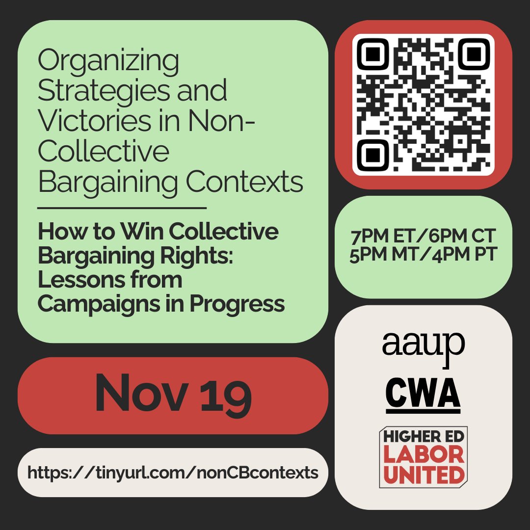 Join us tonight! "How to Win Collective Bargaining Rights: Lessons from Campaigns in Progress" at 7pm ET/6pm CT/5pm MT/4pm PT. Register here: us06web.zoom.us/meeting/regist…
Speakers are member-organizers from <a href="/ucwcolorado/">United Campus Workers Colorado</a> <a href="/UAW4121/">UAW 4121 Academic Workers</a> <a href="/UnitedAcademMD/">UnitedAcademicsMD</a> <a href="/dukegradunion/">Duke Grad Union</a> <a href="/IndianaGrads/">Indiana Grad Workers Coalition</a> 🥰