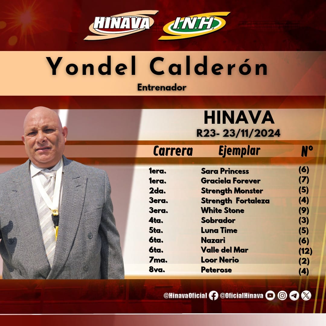 🥇El entrenador de purasangre de carreras Yondel Calderón, presentará en la jornada sabatina a 11 ejemplares, en la R23 del óvalo del Cabriales. 

▪️En el Clásico "Sprinters" 🏆participará con el ejemplar "Strength Monster". 

¡Vive la emoción del deporte hípico nacional 🏇!
